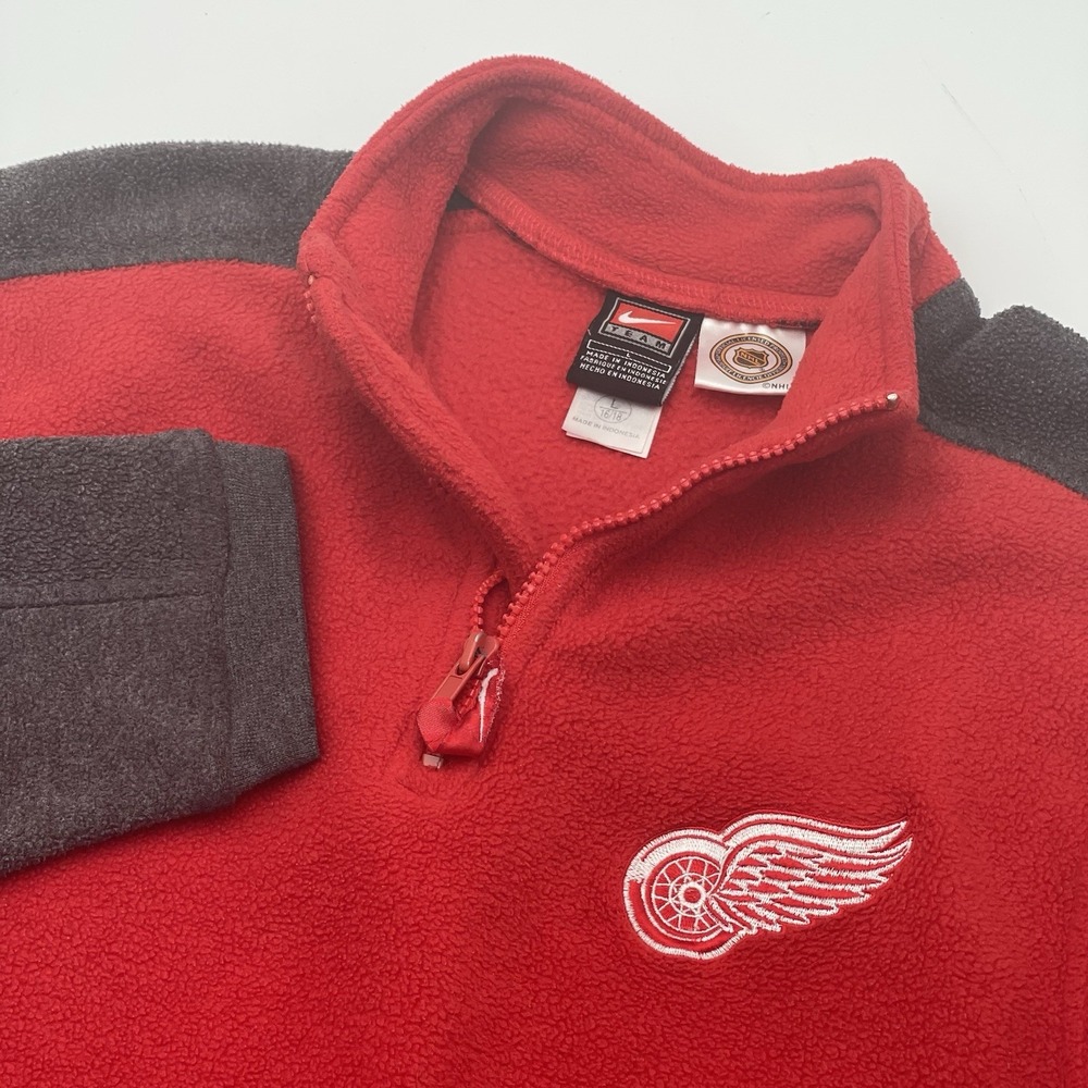 VTG Nike Detroit Red Wings 1/4 Zip Pullover Youth Size L NHL Hockey Red Mock Y2K